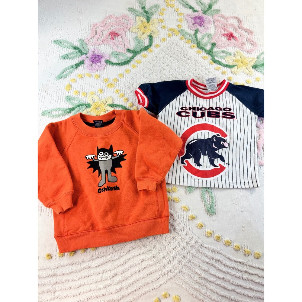 Vintage OshKosh Halloween Bat Sweatshirt 36M & Chicago Cubs Baseball Tee 2T Lot